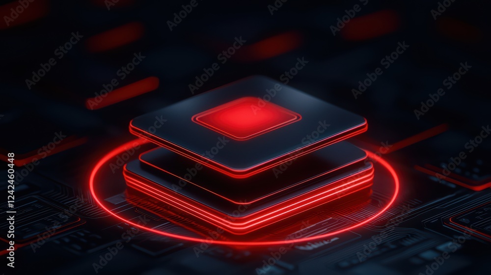 Aufkleber futuristic computer chips with glowing red elements on dark background
