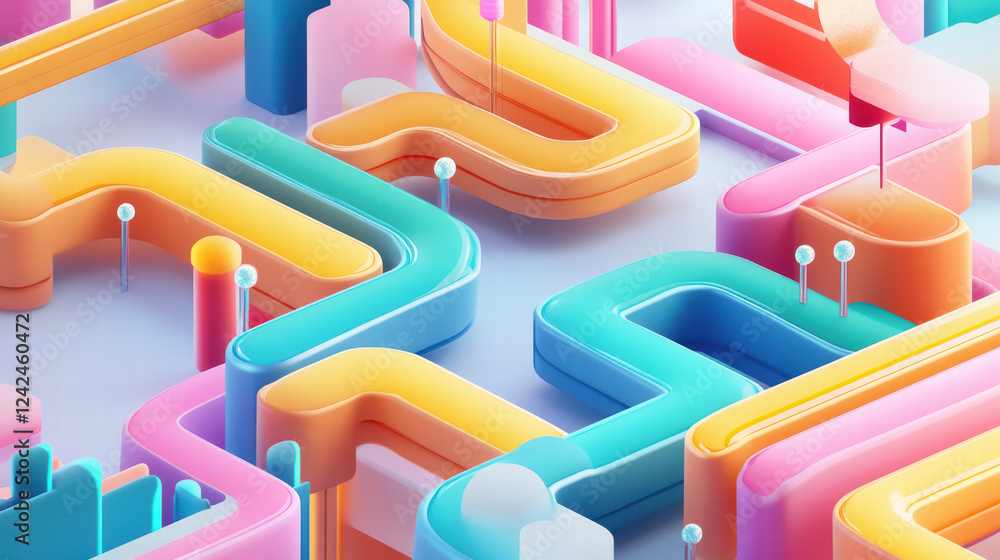 Poster colorful isometric representation of abstract data flow with vibrant curves and shapes, showcasing p