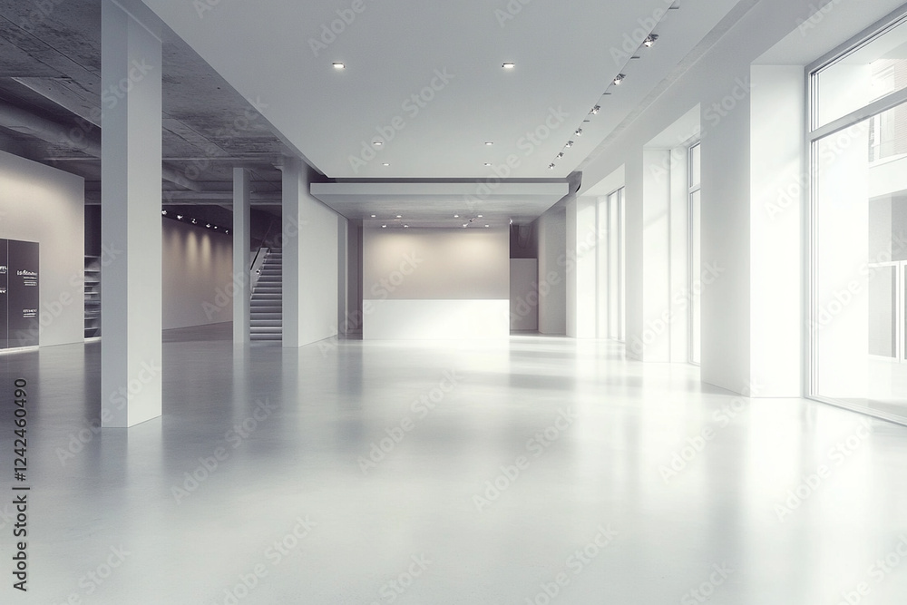 Poster modern spacious empty office interior with large windows and concrete columns.