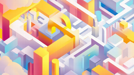 Colorful isometric representation of data flow in modern urban environment, showcasing vibrant buildings and abstract shapes. This artwork captures essence of technology and connectivity