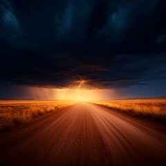 Desert Road Under a Dramatic Lightning Storm Sunset