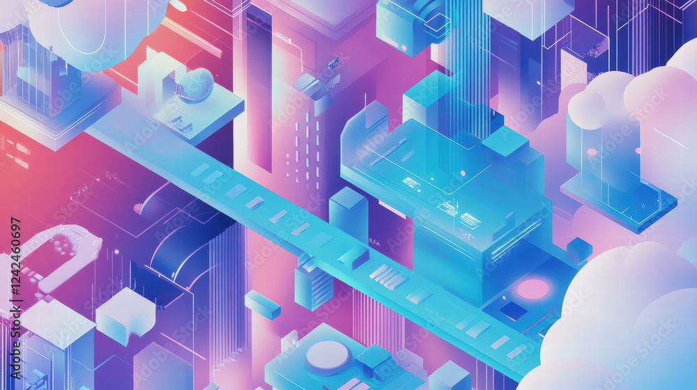 Poster creative isometric layout of big data flow in cloud environment, featuring vibrant colors and abstra