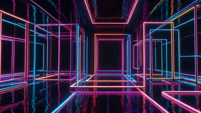 3d render, abstract neon geometric background. Stage laser show illumination. Colorful rectangular shapes, square frames, virtual reality. Glowing neon lines. Minimal futuristic design
