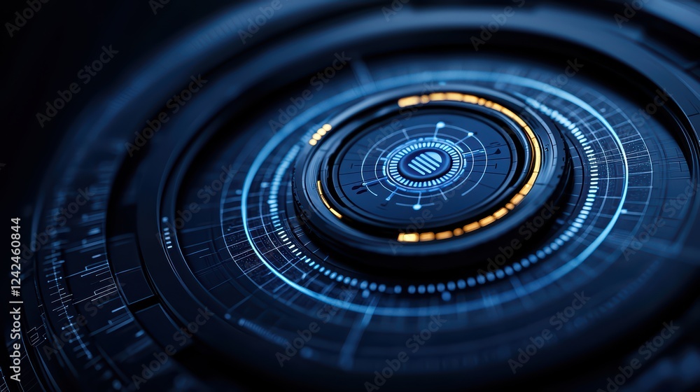 Poster futuristic digital interface with circular patterns and neon lights