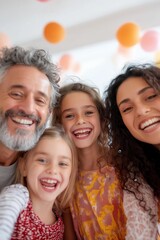 Fototapeta premium Portrait of cheerful family with two little girls and parents enjoying time together, bonding and sharing good moments