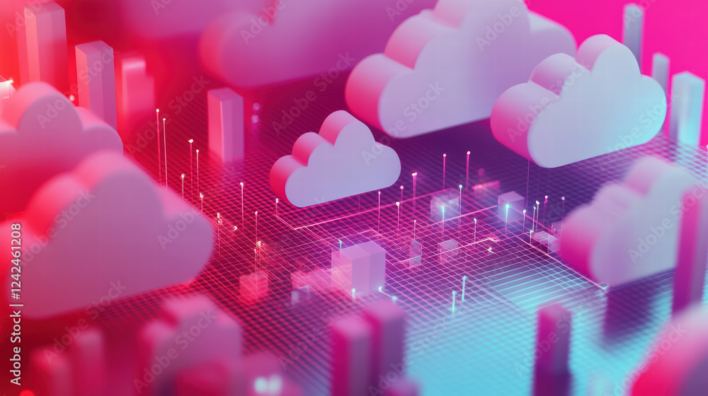Aufkleber creative isometric layout of big data in cloud environment, featuring stylized clouds and digital el