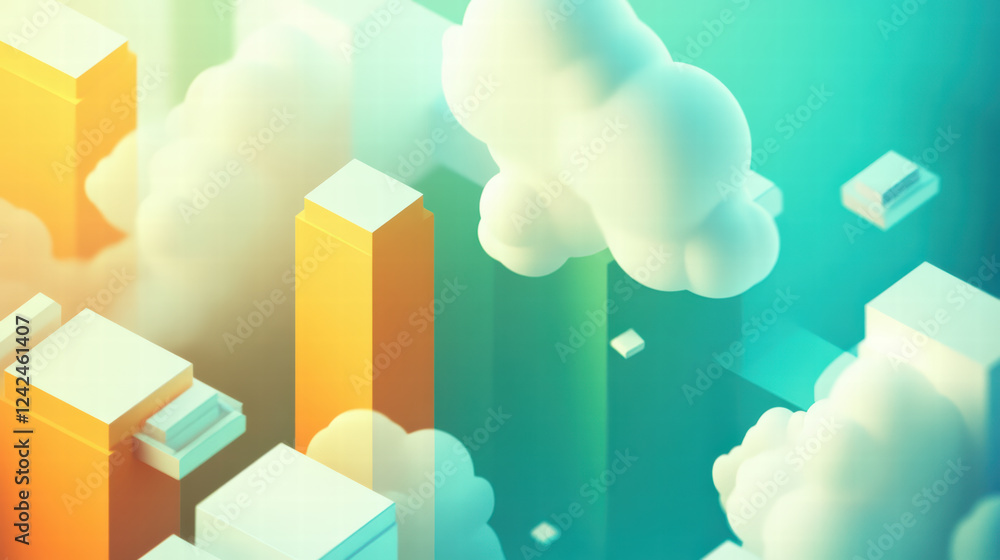 Poster creative isometric layout of colorful buildings and clouds in digital environment, showcasing vibran