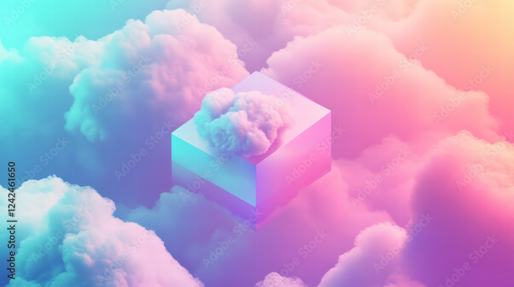 Poster vibrant, dreamy scene featuring translucent cube surrounded by colorful clouds, creating surreal atm