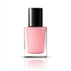 Nail polish bottle, square-shaped with a short neck and a black cap on a white background, light pink color of nail polish, realistic photographic style, high resolution.