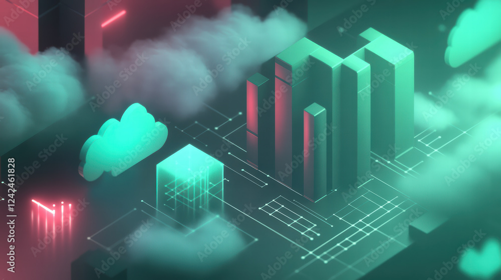Poster creative isometric layout depicting big data in cloud setting, featuring abstract buildings and clou