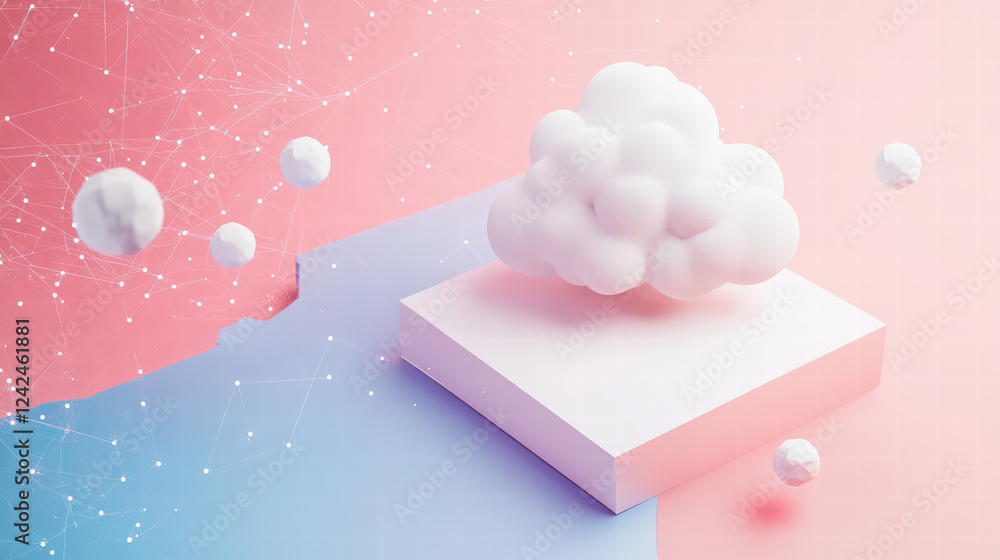 Poster creative isometric layout featuring stylized cloud above platform, surrounded by abstract geometric 