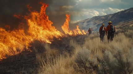Fototapeta premium Firefighters battle a large wildfire, flames consuming dry brush. Illustrates the dangers and challenges of wildfire suppression.