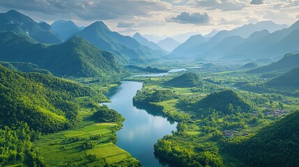 Breathtaking Views from Mountain Peaks Overlooking Verdant Valleys and Rivers oe Ideal for adventure and travel photographers, capturing scenic overlooks from high altitudes