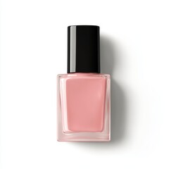Nail polish bottle, square-shaped with a short neck and a black cap on a white background, light pink color of nail polish, realistic photographic style, high resolution.