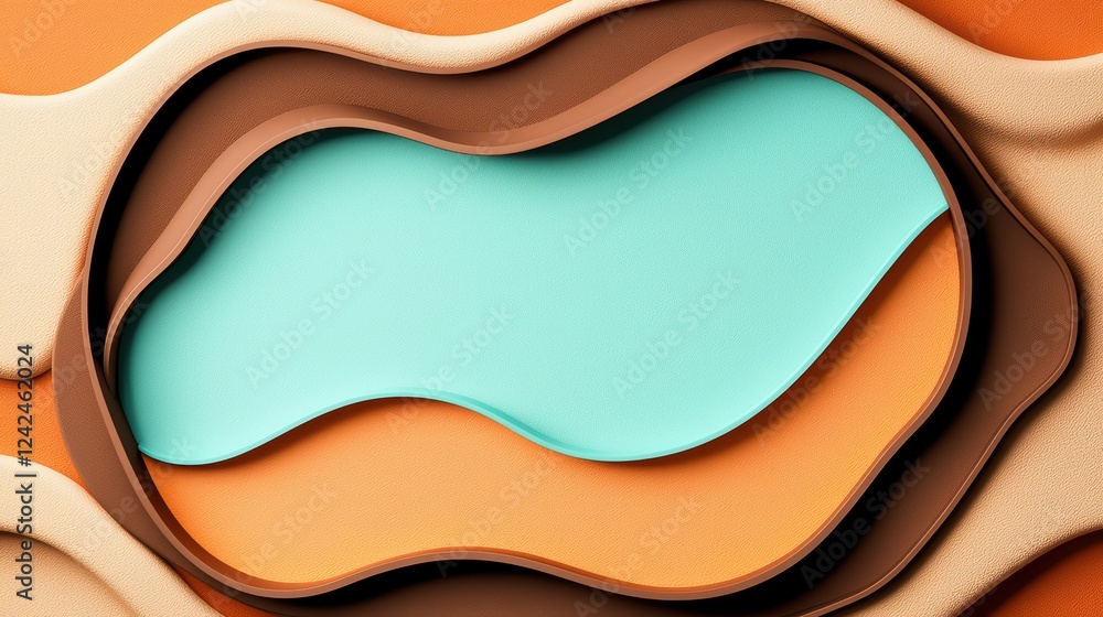 Poster abstract layered waves in soft colors with a central teal shape