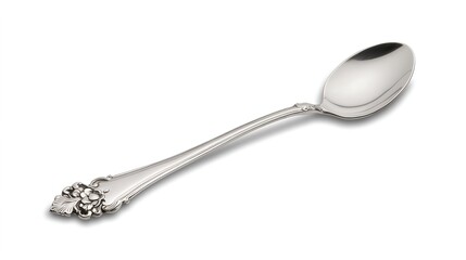 Elegant Silver Spoon with Ornate Handle on White Background
