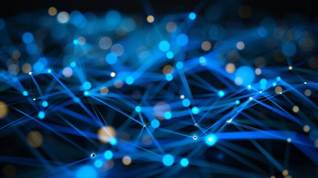 A vibrant blue digital network with illuminated nodes and connections