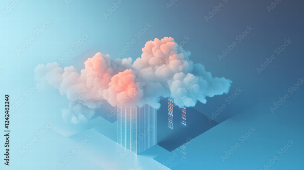 Poster creative isometric layout depicting big data in cloud setting, showcasing vibrant clouds and data st