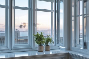 Fototapeta premium Reflective Glass Overlay for Elegant Window Panes Enhancing Bright Room Ambiance