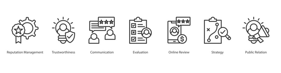 Financial Stability Outline Icon Sheet Strategy, Reputation Management, Trustworthiness, Communication, Evaluation, Online Review, Public Relation