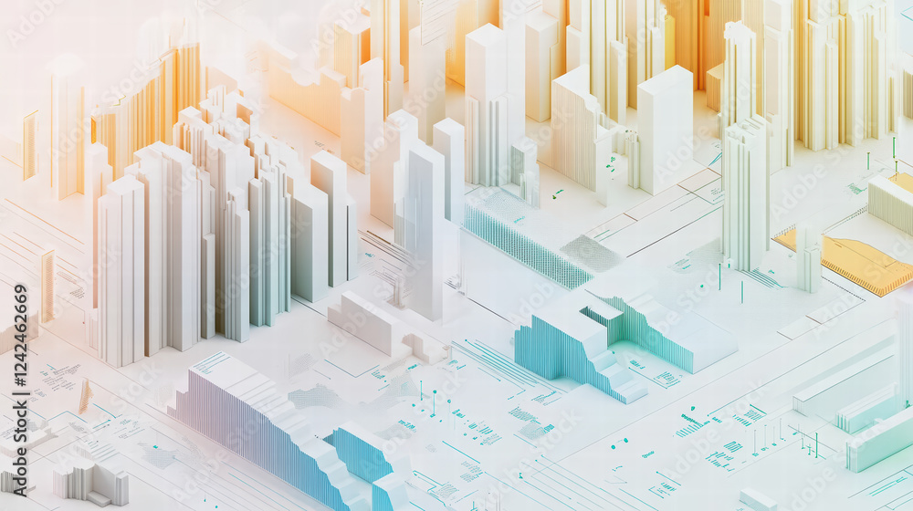 Poster dynamic isometric visualization of urban architecture and city planning, showcasing modern skyline w