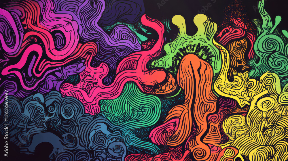Poster dynamic doodle shapes in bright hues create vibrant and energetic composition. swirling patterns and