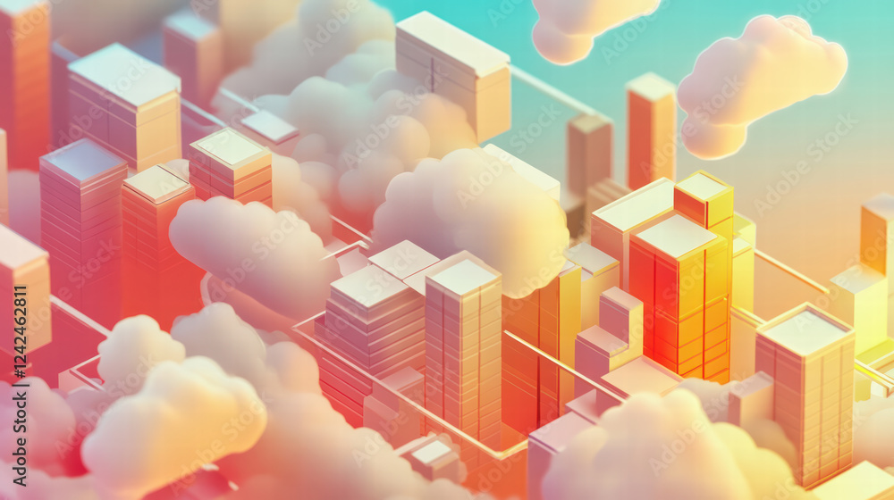 Poster dynamic isometric visualization of urban architecture with colorful clouds. this vibrant scene showc