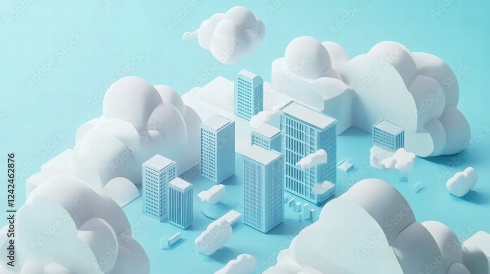 Poster dynamic isometric visualization of cityscape with buildings and clouds, showcasing modern urban envi