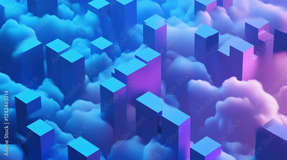 Poster engaging isometric graphic of cloud database technology with vibrant colors and abstract shapes, cre