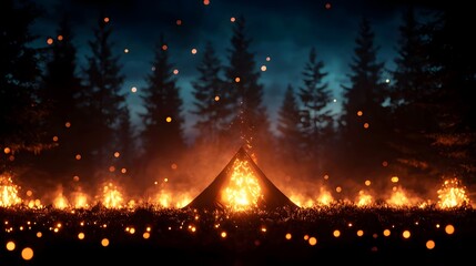 Fiery Campfire in Dark Forest at Night