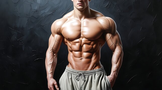 Aesthetic muscular male athlete with a ripped physique posing confidently. Defined six-pack abs and sculpted chest highlight dedication to bodybuilding, strength, and fitness lifestyle.