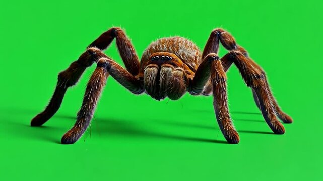 Tarantula Close-Up: A large, hairy tarantula with prominent fangs and eight legs faces the camera, its intricate details and textures highlighted against a vibrant green backdrop.