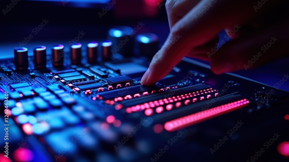 Poster close-up of a hand interacting with a circuit board, showcasing intricate details and vibrant colors