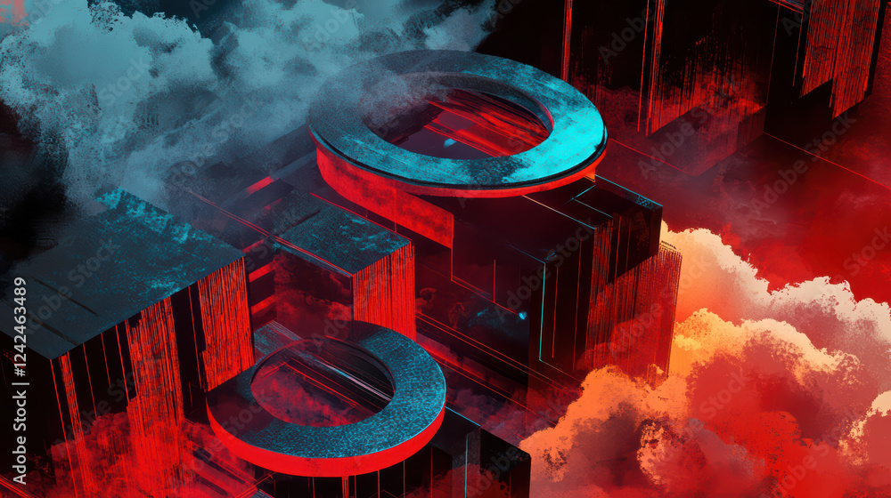 Poster engaging isometric graphic of cloud database technology with vibrant colors and abstract shapes, sho