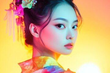 photography studio of a young model Asian woman, dressed with traditional Chinese clothes, portrait, three quarter pose, great lighting contrast, neon yellow light in the background 