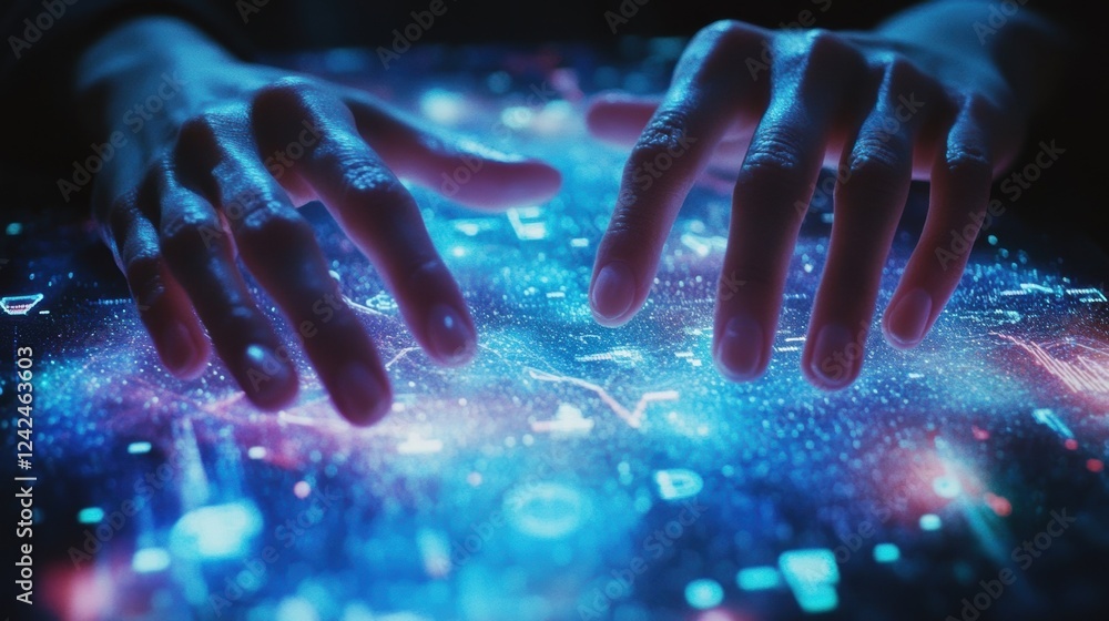Poster hands touching a futuristic glowing control panel with data and information, symbolizing innovative 