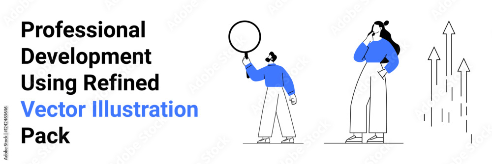 Poster characters analyzing ideas represented by a circular object and growth arrows indicating progress. i