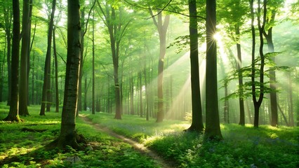 Obraz premium Morning sunlight filtering through misty forest trees with a peaceful path surrounded by autumn foliage