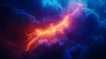 Fiery Lightning Bolt Through Dark Blue And Purple Clouds