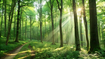 Obraz premium Morning light in the misty forest with trees and a peaceful path through the woods