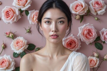 Naklejka premium Elegant Young Asian Woman with Flawless Skin Against Soft Rose Background for Beauty and Holistic Wellness Practices