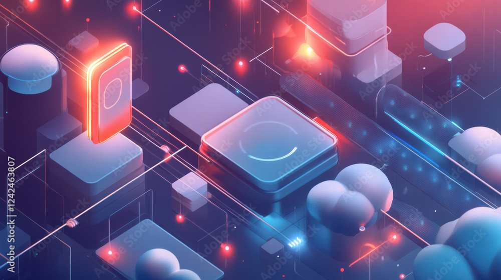 Poster engaging isometric graphic of cloud database technology with vibrant colors and abstract shapes, sho