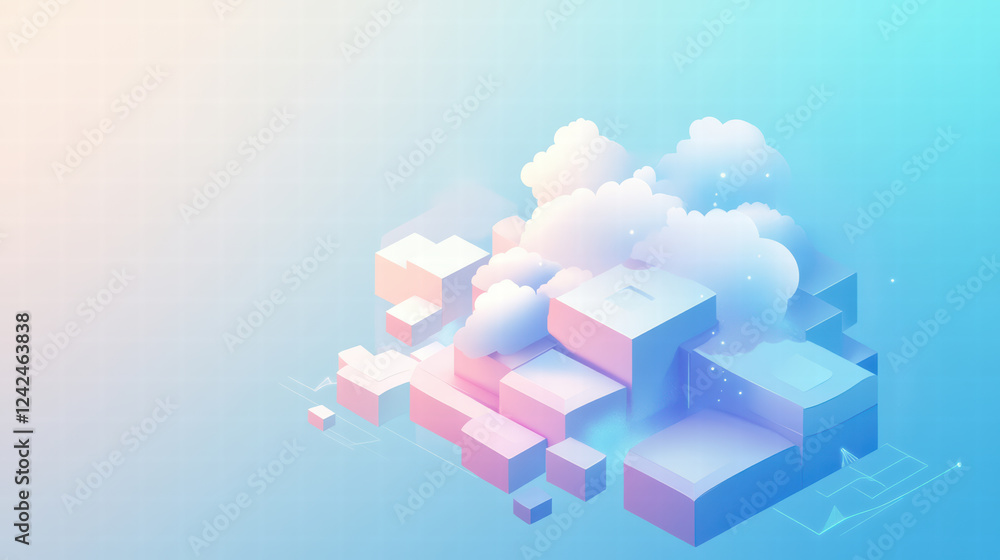 Poster engaging isometric graphic of cloud database technology with pastel colors, showcasing abstract shap