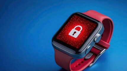 Smartwatch with Lock Icon on Red Background and Blue Surface