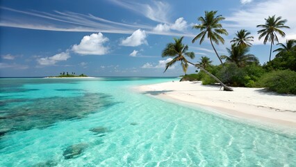 Fototapeta premium Beautiful tropical beach with palm trees, turquoise lagoon, and clear ocean waters under a sunny sky