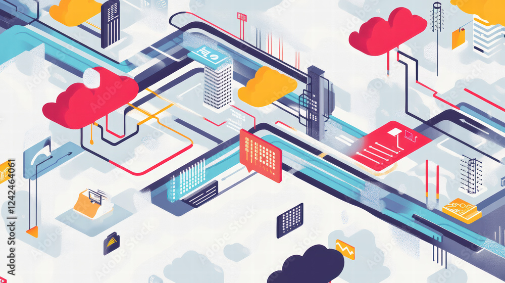 Poster engaging isometric graphic of data flow in cloud environment, showcasing vibrant colors and abstract