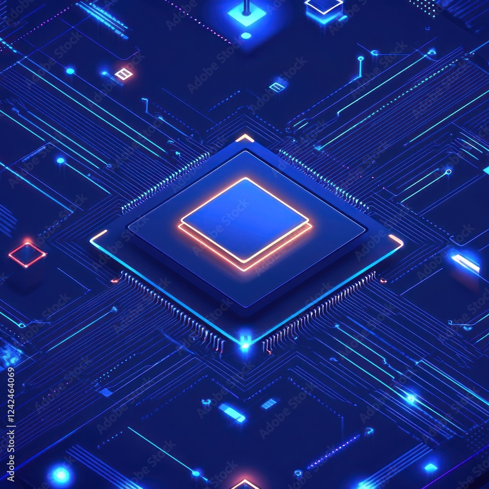 Poster abstract glowing microchip data processing on a circuit board, used for tech, ai, or science project