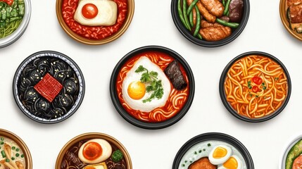 Diverse Selection of Asian Dishes in Colorful Bowls Arrangement
