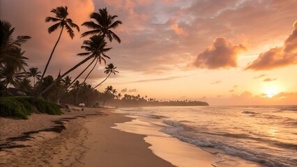 Beautiful sunset at a tropical beach with palm trees, ocean, and sand under the colorful sky