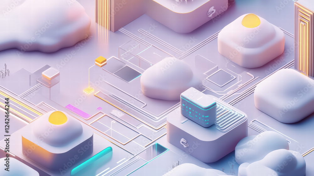 Poster engaging isometric graphic of data flow in cloud environment, showcasing abstract shapes and vibrant